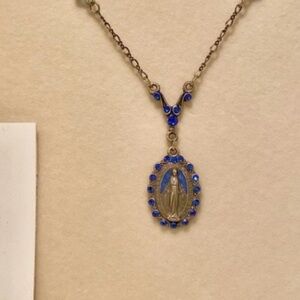 Anne Koplik BEAUTIFUL! Blue crystal Miraculous Medal catholic necklace Mary